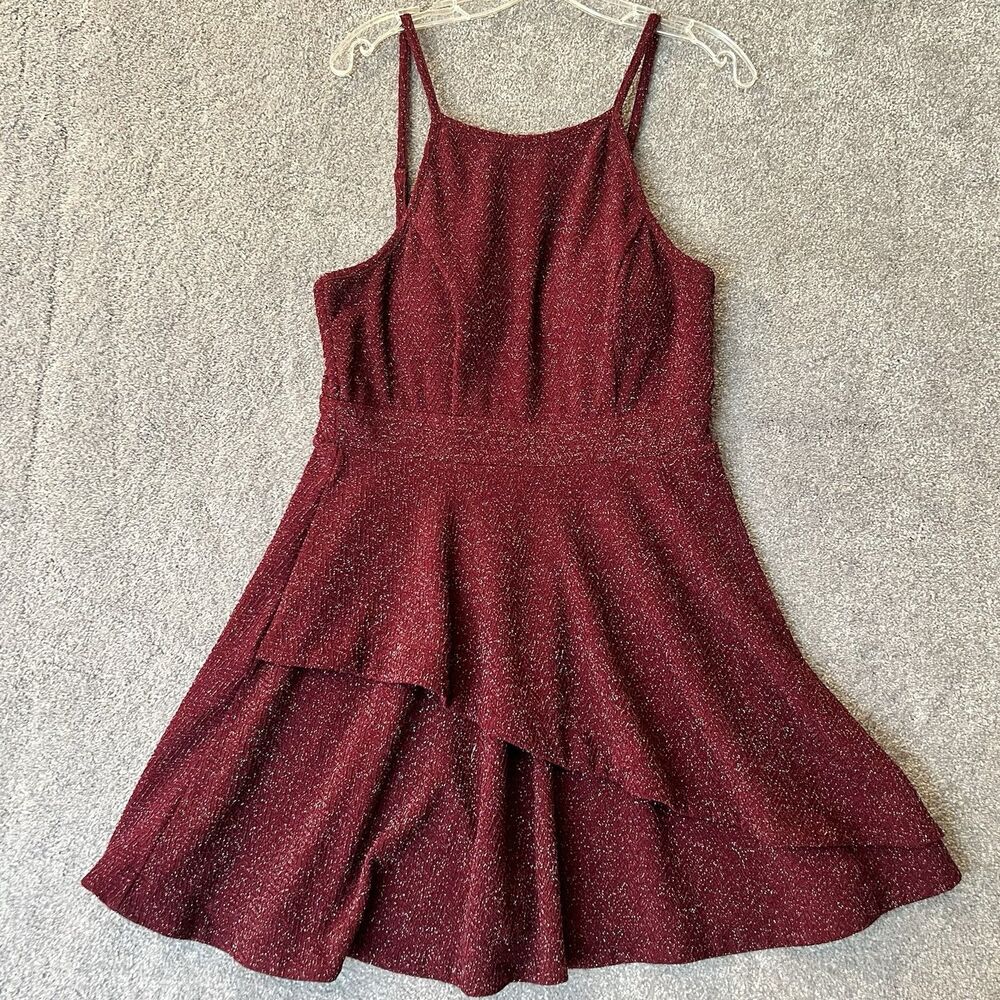 Speechless Dress Juniors 13 Burgundy Red Metallic Glitter Asymmetrical Skater